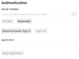 The Logon screen for external identity provider only has a gray Authentication heading at the top. Next is a rectangular field to enter a Server Address. Then, there are four rectangular, gray buttons for Connect, Disconnect, External Provider Sign In, and Sign Out. Next is an Application drop-down menu that has a rectangular field with a black down arrow. Then, there is a rectangular, gray button for Open Application.